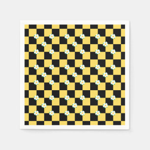 Serviette En Papier à damiers fleurs jaune blanc et noir
