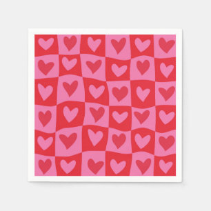 Serviette En Papier à damiers Motif de Coeurs rouges et roses déformés