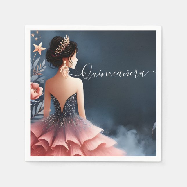 Serviette En Papier À Glam Ball Gown Spark Dark Navy Blue Quinceanera (Devant)