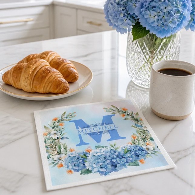 Serviette en papier à monogramme Hydrangea Bleu (Créateur téléchargé)