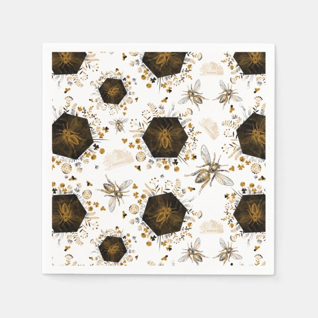 Serviette En Papier Abeille de miel noir et or (Devant)