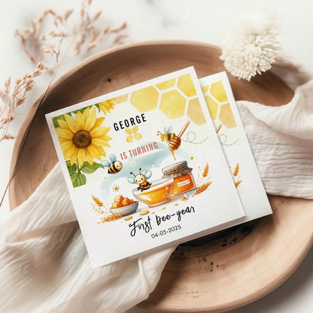 Serviette En Papier Abeille jaune mignonne et tournesol 1er Anniversai (Créateur téléchargé)