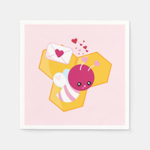 Serviette En Papier Abeille mignonne aux Coeurs de Saint-Valentin rose