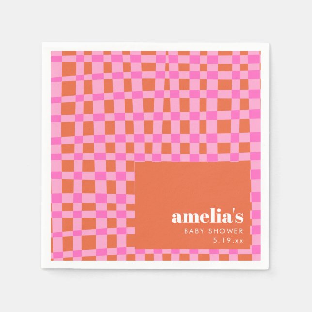 Serviette En Papier Abstract Checker Pink Orange Custom Baby Shower (Devant)