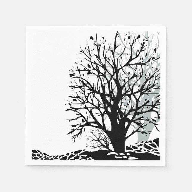 Serviette En Papier Abstrait moderne arbre noir silhouette ombre blanc (Devant)
