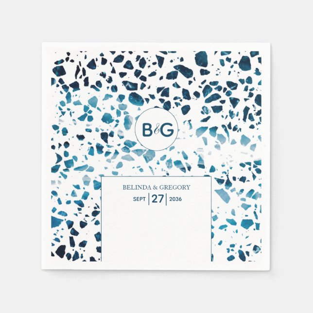 Serviette En Papier Abstrait moderne Terrazzo Mosaic Mariage bleu (Devant)