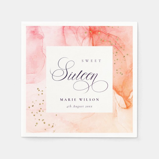 Serviette En Papier Abstrait Pastel Rose Orange Sweet 16 Anniversaire (Devant)
