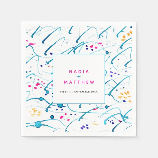 Serviette En Papier Abstraite vague tropicale rose aqua orange mariage (Devant)