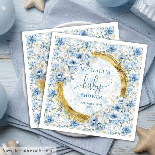 Serviette En Papier Adorable bleu poussiéreux fleurs or garçon baby sh