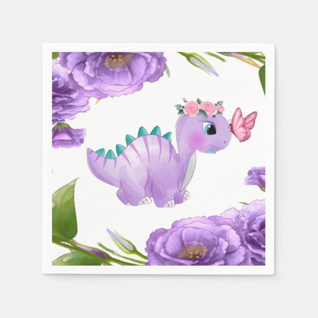 Serviette En Papier Adorable Dinosaure Violet Baby shower Floral Napki (Devant)