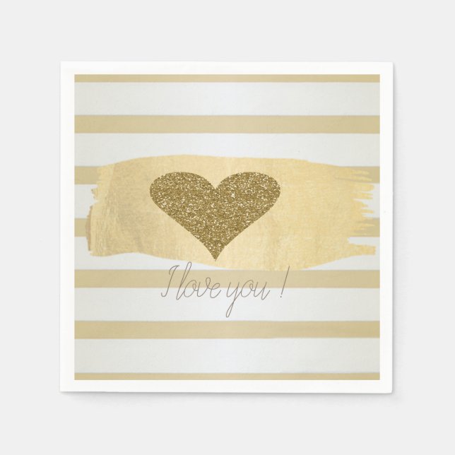 Serviette En Papier Adorable Gold Parties scintillant Coeurs Stripes-J (Devant)