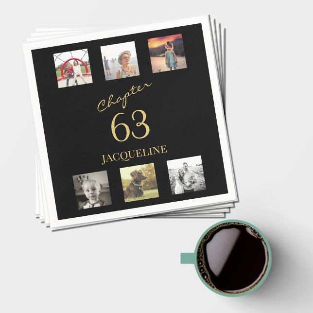 Serviette En Papier Adulte 6 Photo Black Gold Anniversaire (Black and gold paper napkin for any birthday with 6 photo collage template.)