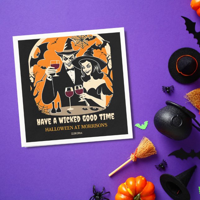 Serviette En Papier Adulte Halloween mauvais temps fêter la vaisselle (Adult Halloween party tableware personalized napkins wicked good time retro witch a Dracula )