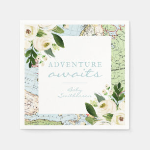Serviette En Papier Adventure Await Baby shower Floral Map Custom Nap