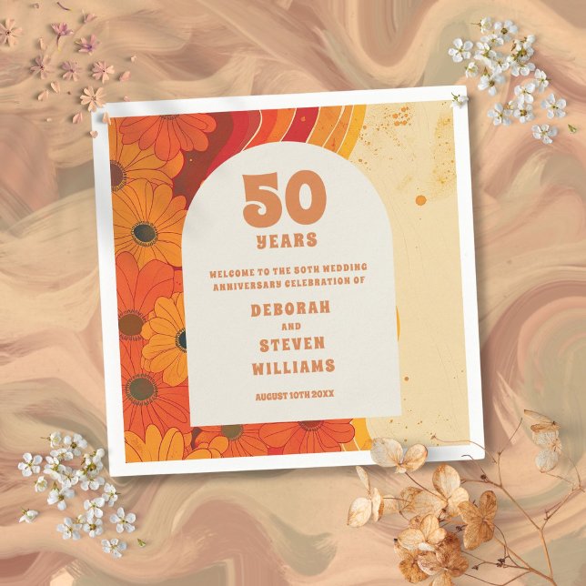 Serviette En Papier Affiche de bienvenue super du 50e anniversaire du  (Groovy Retro 50th Wedding Anniversary Welcome Sign Napkins)
