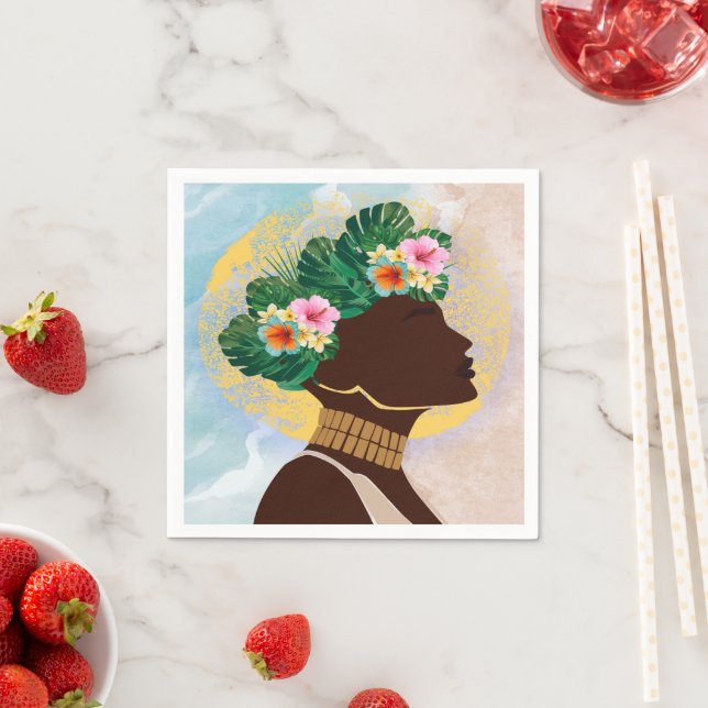 Serviette En Papier Afro-Américaine Femme Florale Couronne (En situation)