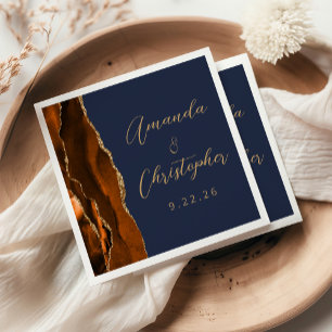 Serviette En Papier Agate Brûlé Orange Gold Script Marine Mariage bleu