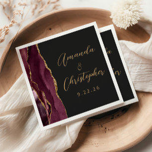 Serviette En Papier Agate Burgundy Gold Script Mariage foncé