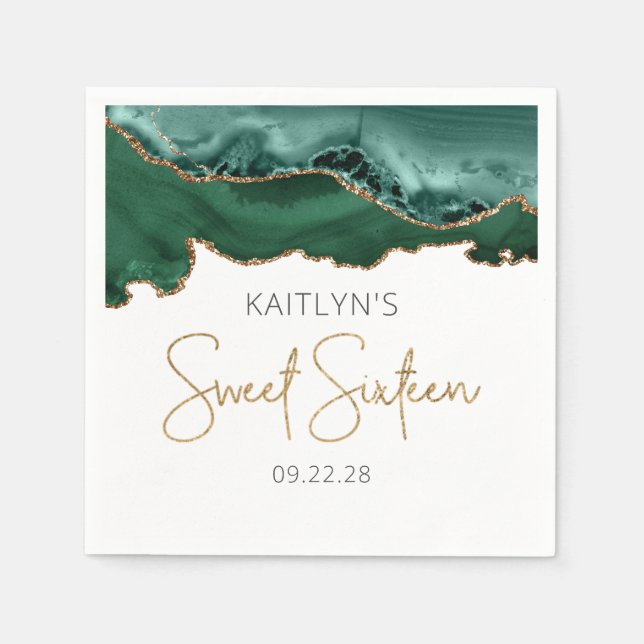 Serviette En Papier Agate Chic Emerald Green Gold Sweet 16 Anniversair (Devant)
