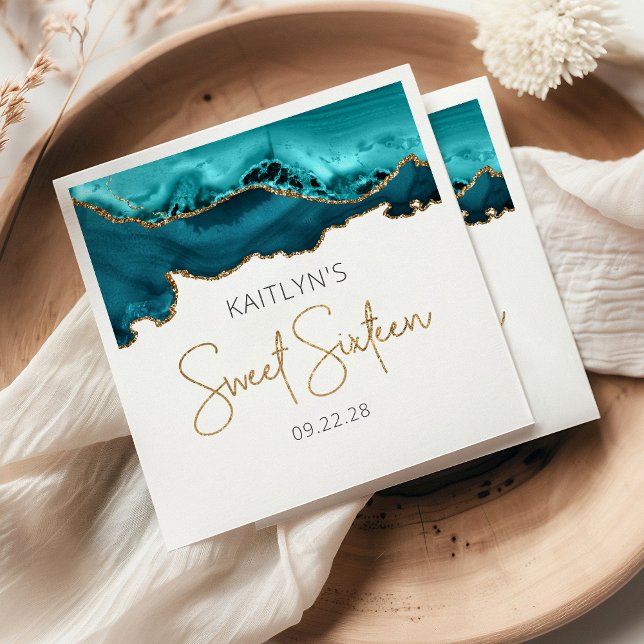 Serviette En Papier Agate Chic Turquoise Bleu Or Douce 16 Anniversaire (Créateur téléchargé)