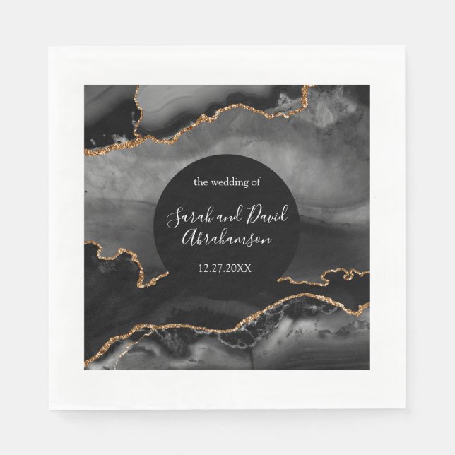Serviette En Papier Agate de Parties scintillant mariage noir et or (Devant)