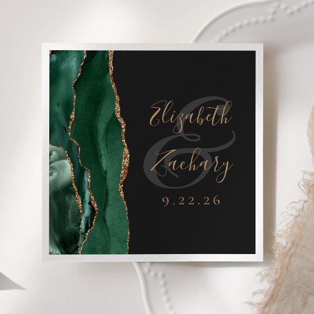 Serviette En Papier Agate Geode Script Emerald Green Gold Dark Mariage (Créateur téléchargé)