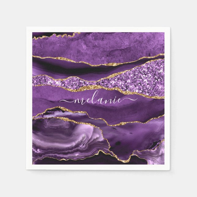 Serviette En Papier Agate Purple Gold Parties scintillant Nom personna (Devant)