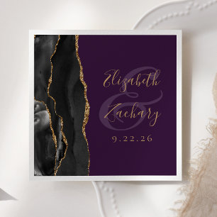 Serviette En Papier Agate Script Black Gold Deep Purple Mariage