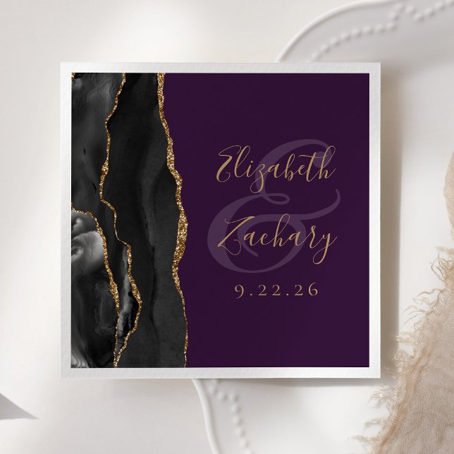 Serviette En Papier Agate Script Black Gold Deep Purple Mariage (Créateur téléchargé)