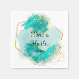 Serviette En Papier Agate Turquoise et or Aquarelle Mariage géométriqu
