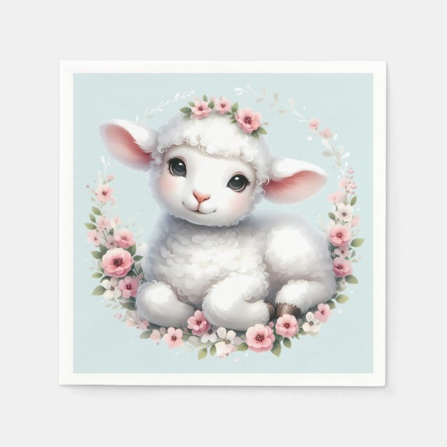 Serviette En Papier Agneau mignon avec la couronne florale (Devant)