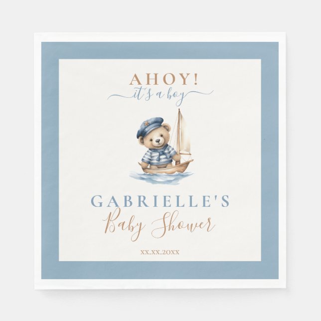 Serviette En Papier Ahoy c'est un garçon ! Baby shower nautique minima (Devant)
