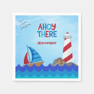 Serviette En Papier "Ahoy There" Nautical Sailboat Lighthouse Treasure