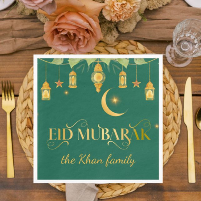 Serviette En Papier Aïd Moubarak Custom Gold Lanterns + Lune (Elegant green + gold "Eid Mubarak" paper napkins for your Eid celebration! )
