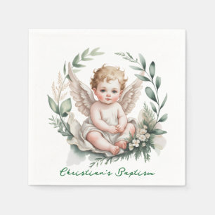 Serviette En Papier Ailes d'ange à l'aquarelle Baptême Vert