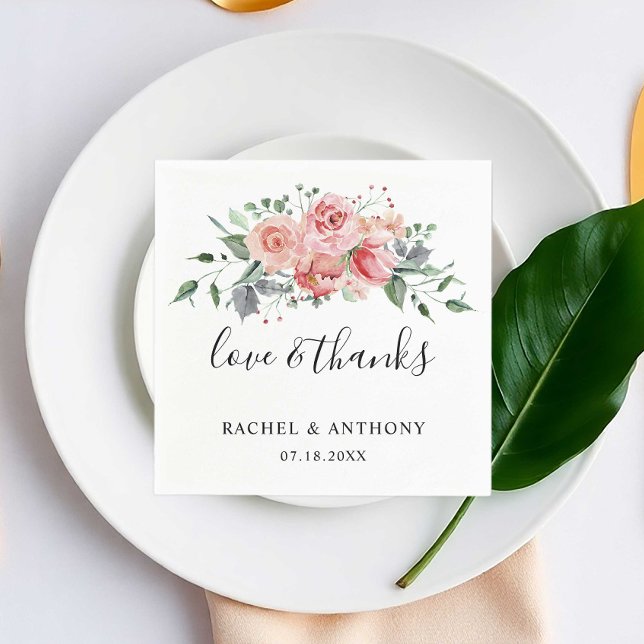 Serviette En Papier Aimer & Merci Rose Rose Aquarelle Mariage Chic (Créateur téléchargé)