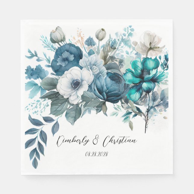 Serviette En Papier Airy Blue et Turquoise Peony Rustic Mariage (Devant)