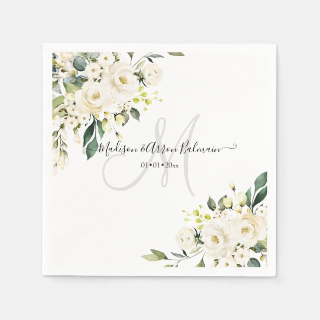 Serviette En Papier Albâtre Rose Monogramme Floral Aquarelle (Devant)