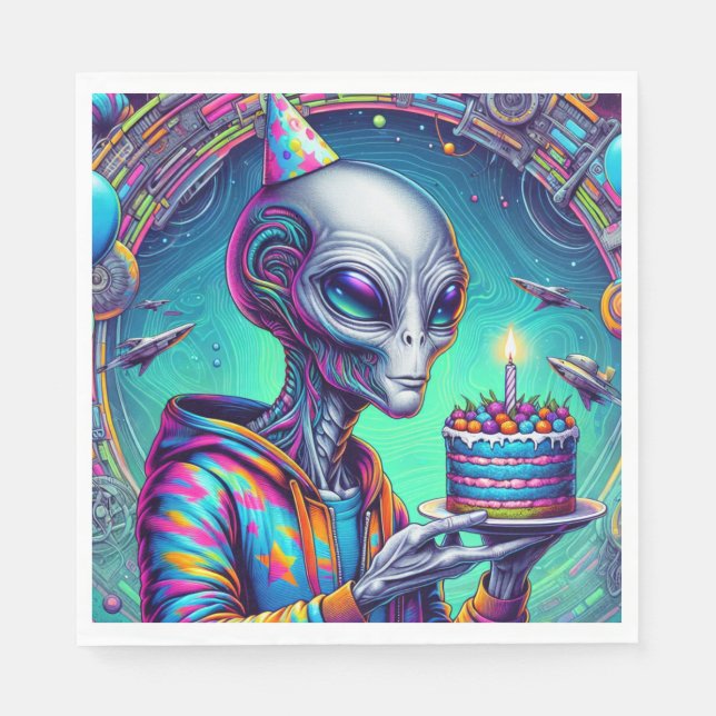 Serviette En Papier Alien tenant Birthday Cake (Devant)