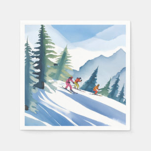 Serviette En Papier Allons Skiing   Aquarelle d'hiver