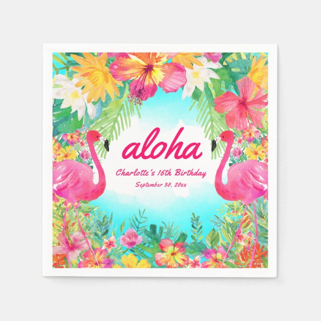 Serviette En Papier Aloha Luau Flamant rose tropical Anniversaire Papi (Devant)