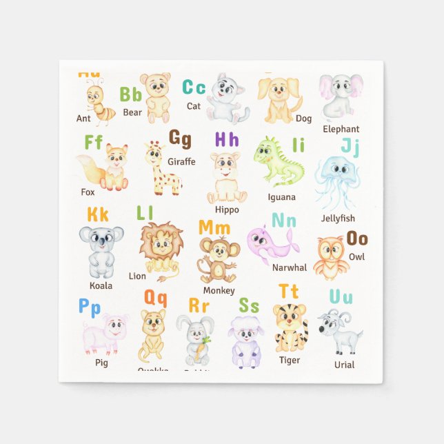 Serviette En Papier Alphabet Animal ABC Mets animaux (Devant)