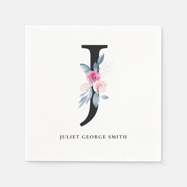 SERVIETTE EN PAPIER ALPHABÈTES FLORAUX BLANCS BLANCS BLEUS DOUX LETTRE (Devant)