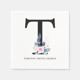 SERVIETTE EN PAPIER ALPHABÈTES FLORAUX BLANCS BLEUS DOUX ET BLEUS LET