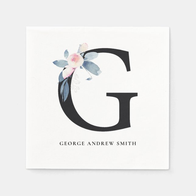 SERVIETTE EN PAPIER ALPHABÈTES FLORAUX BLEU BLEU DOUX LETTRE G (Devant)