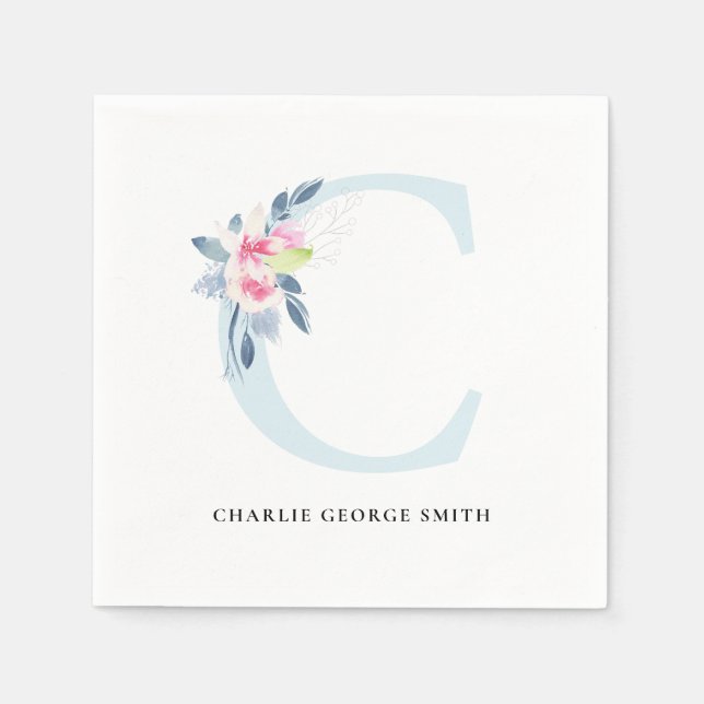 SERVIETTE EN PAPIER ALPHABÈTES FLORAUX BLEUS BLANC DOUX ET BLANC LETTR (Devant)