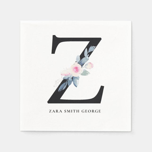 SERVIETTE EN PAPIER ALPHABÈTES FLORAUX BLEUS BLANC DOUX ET BLANC LETTR (Devant)