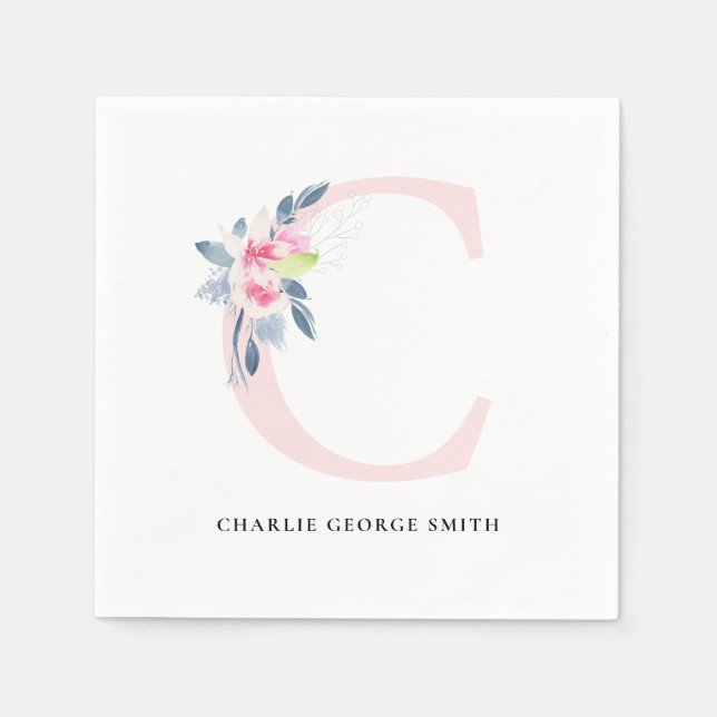 SERVIETTE EN PAPIER ALPHABÈTES FLORAUX BLEUS BLANC DOUX ET BLANC LETTR (Devant)