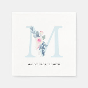 SERVIETTE EN PAPIER ALPHABÈTES FLORAUX BLEUS BLANC DOUX ET BLEU LETTRE