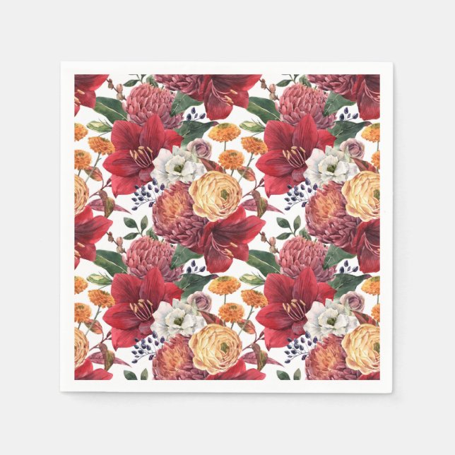 Serviette En Papier Amaryllis rouge Amaryllis et Chrysanthèmes Floral (Devant)